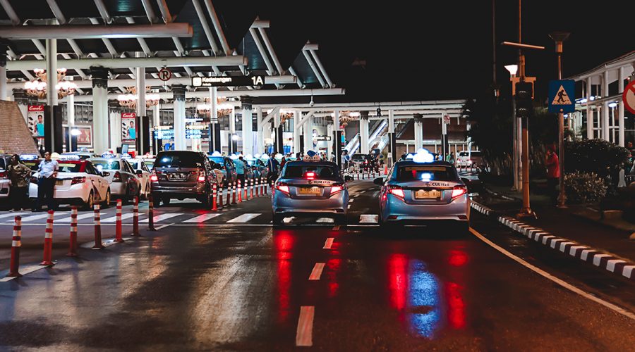 Cars at night queuing at border crossing